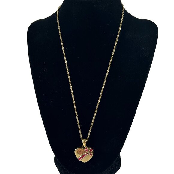 Premier Designs Gold Tone Wrapped Heart Locket Necklace Red Bow 21" Long - Picture 9 of 9